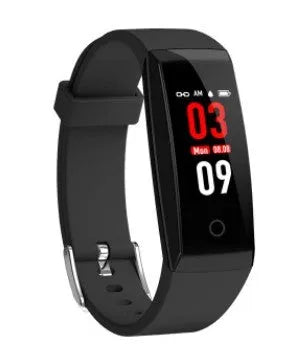 Black colour screen smartwatch fitness tracker on a wrist showing time and activity data.