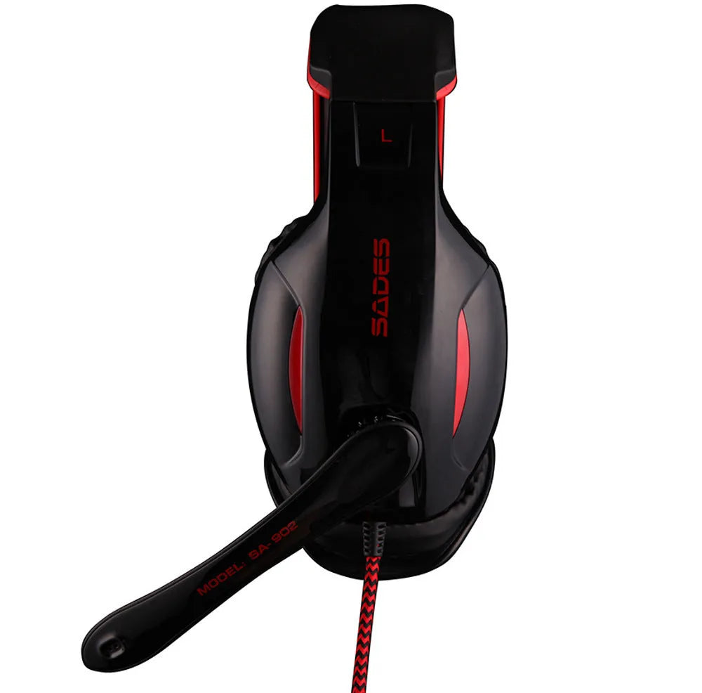 Black SADES SA 902 USB wired gaming headset for PC with LED lights on ear cups.