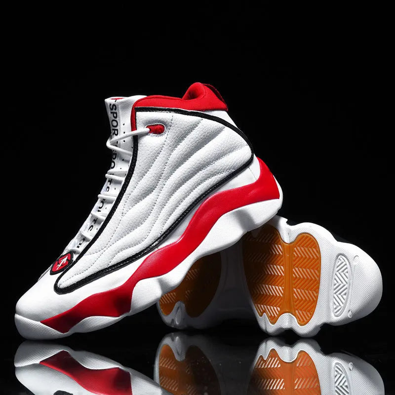 High-top basketball shoes with thick rubber sole and mesh upper in AJ13 colour options