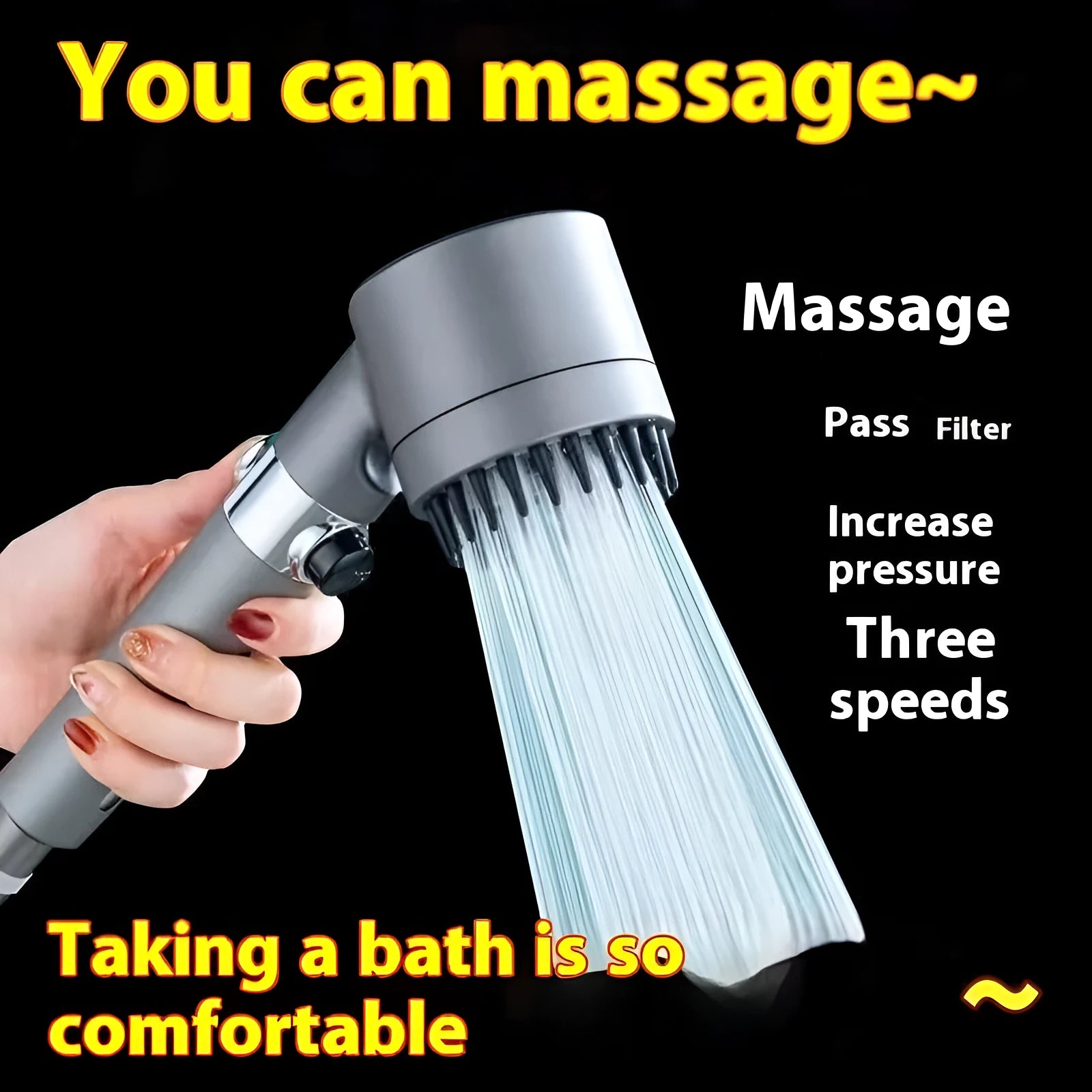 Strong Boost portable ABS plastic shower head with multiple spray mode settings.
