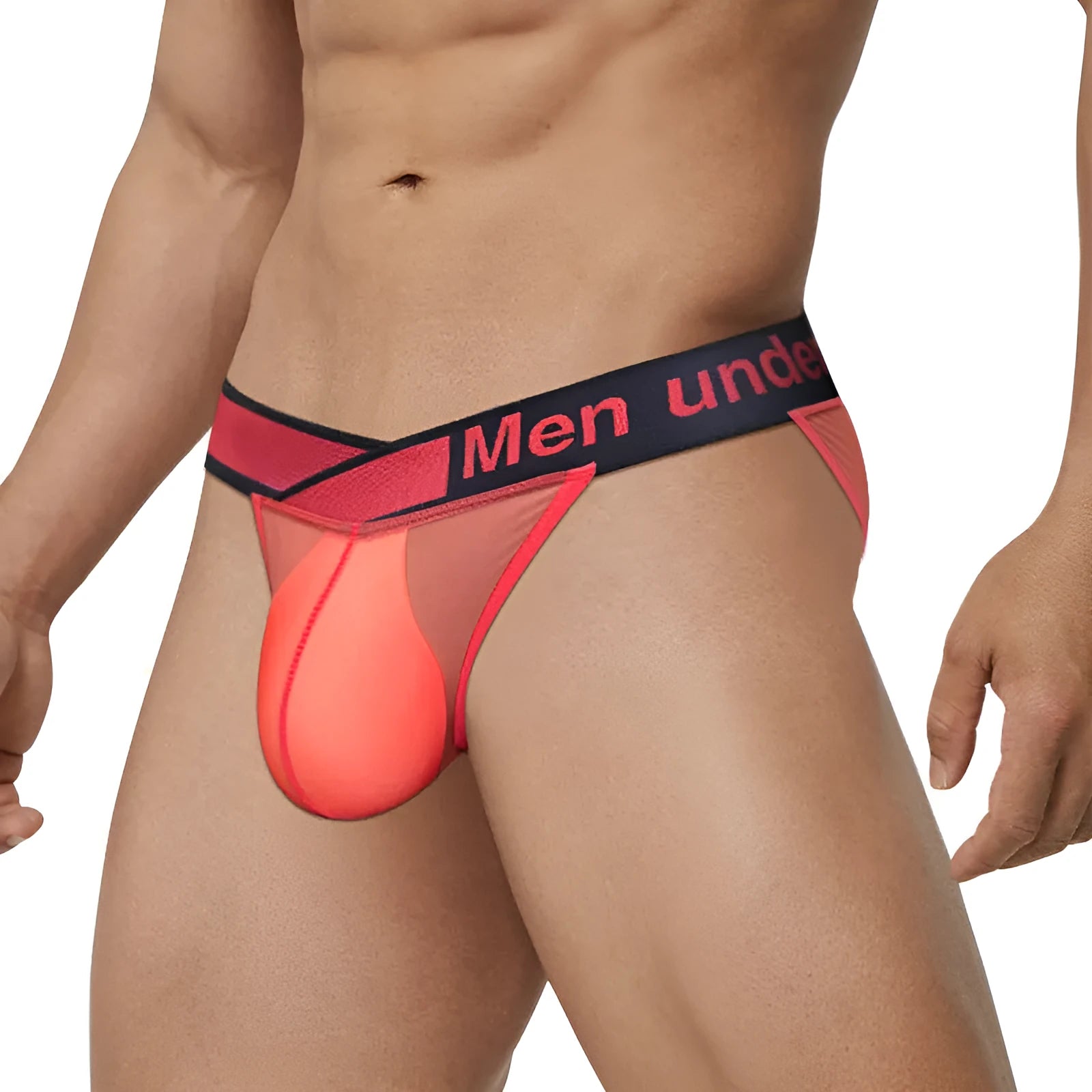 Men's transparent ice silk breathable underwear briefs with large V gradient high fork in red colour