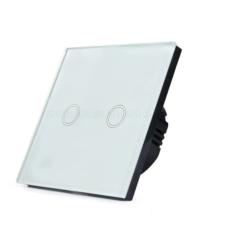 Single-gang tempered glass touch light switch in black, shown front-on.