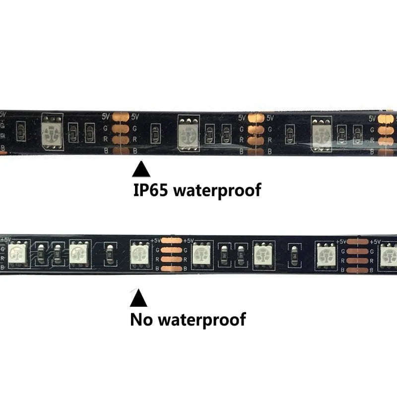 A one-metre long flexible USB LED light strip with SMD5050 LEDs, shown with its 50cm integrated cable, available in six colours.