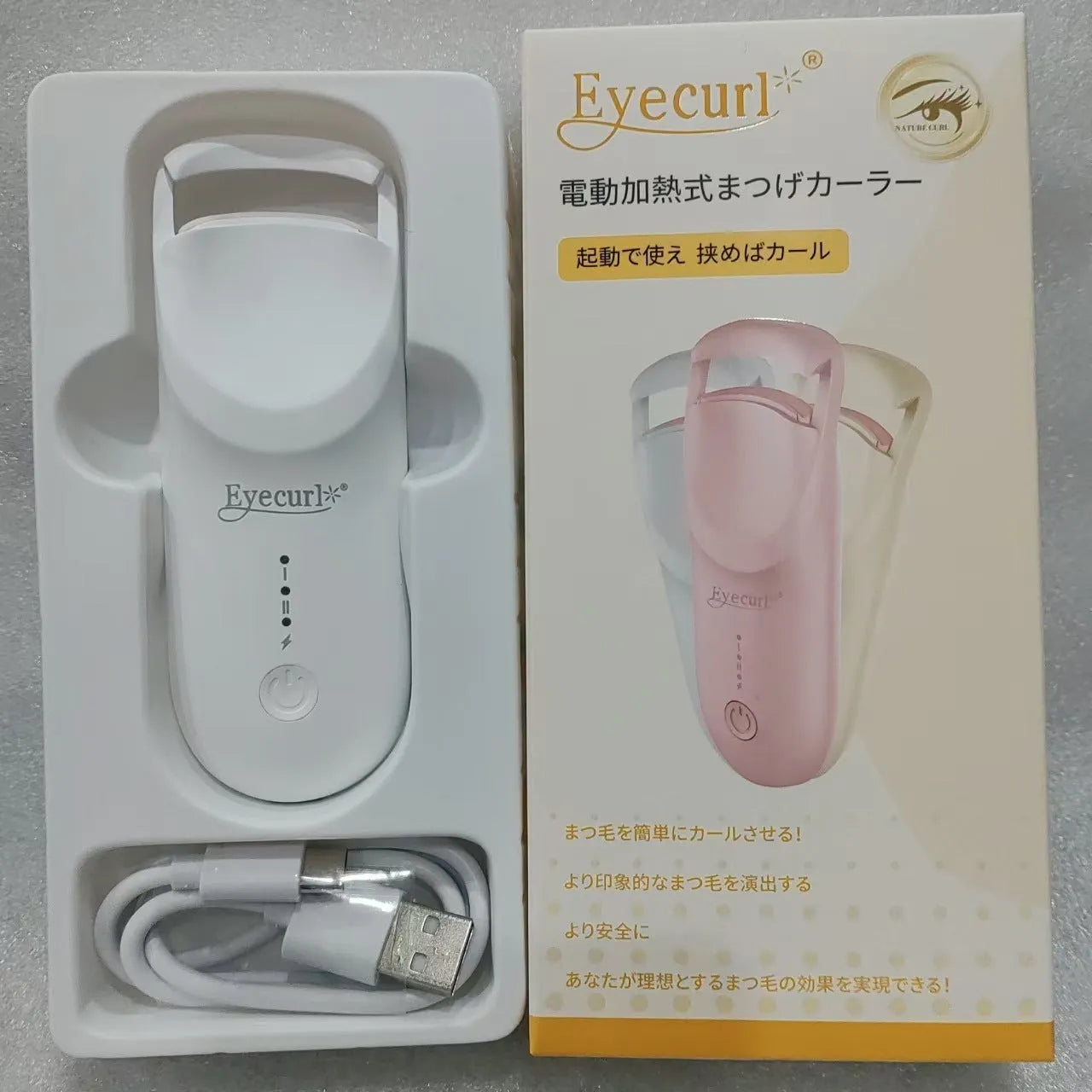 USB rechargeable electric eyelash curler in cream white, maca pink, or vanilla apricot colour with ceramic heating plate.