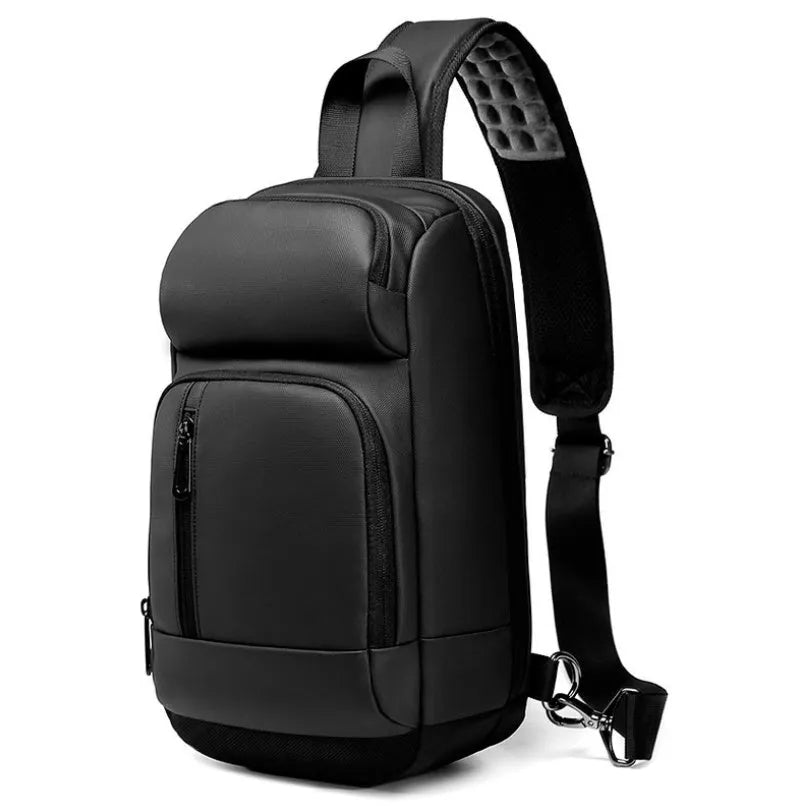 Black PVC outdoor shoulder bag with air cushion strap and multiple compartments