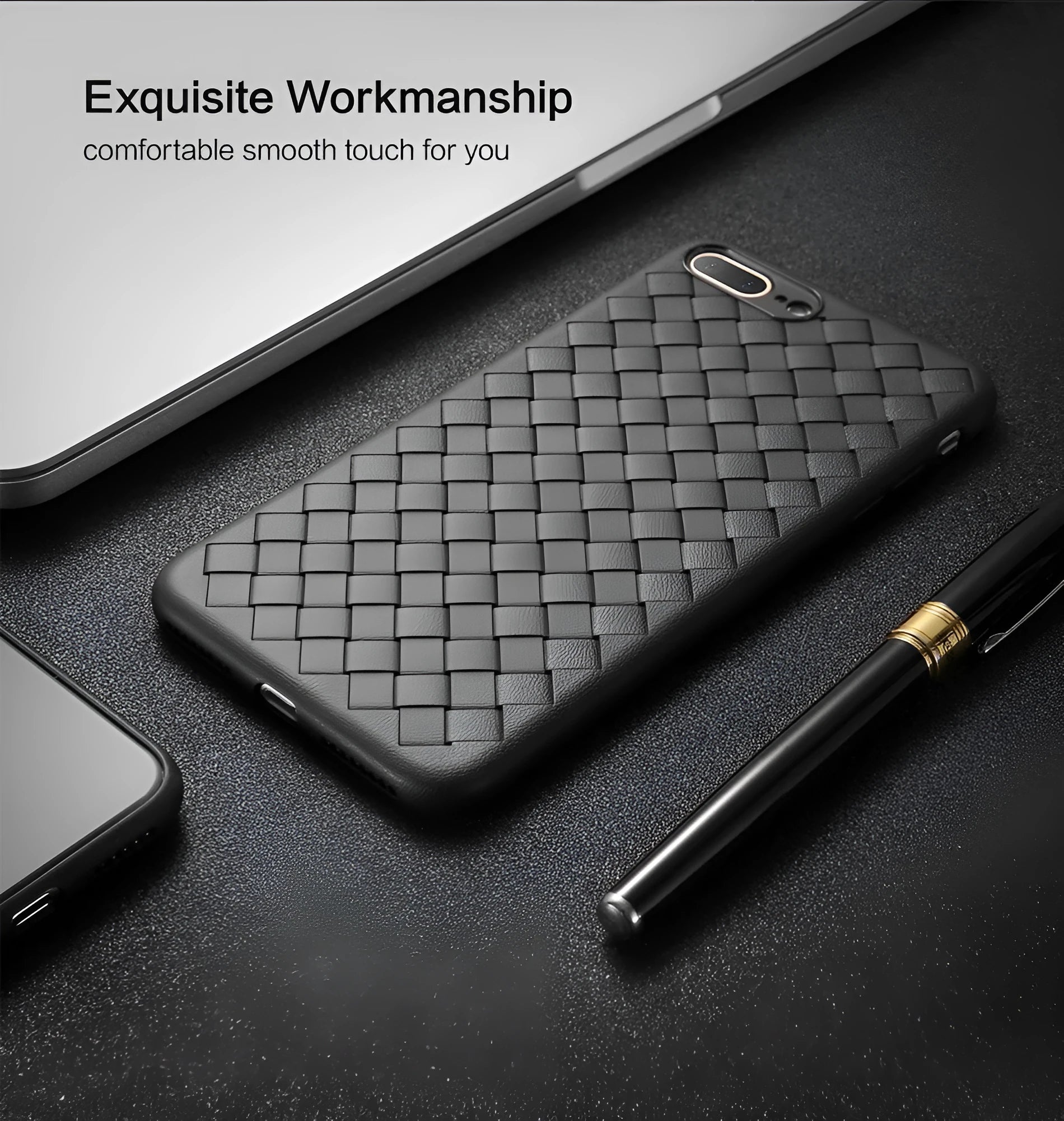 Luxury grid weaving pattern iPhone case with raised protective lips, shown in multiple colour options.