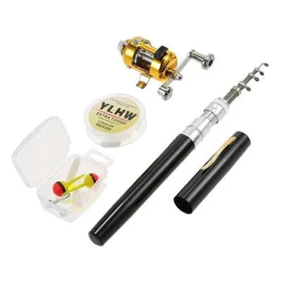 Gold telescopic stream fishing rod kit collapsed to 20.5cm with ST5RL spinning reel attached