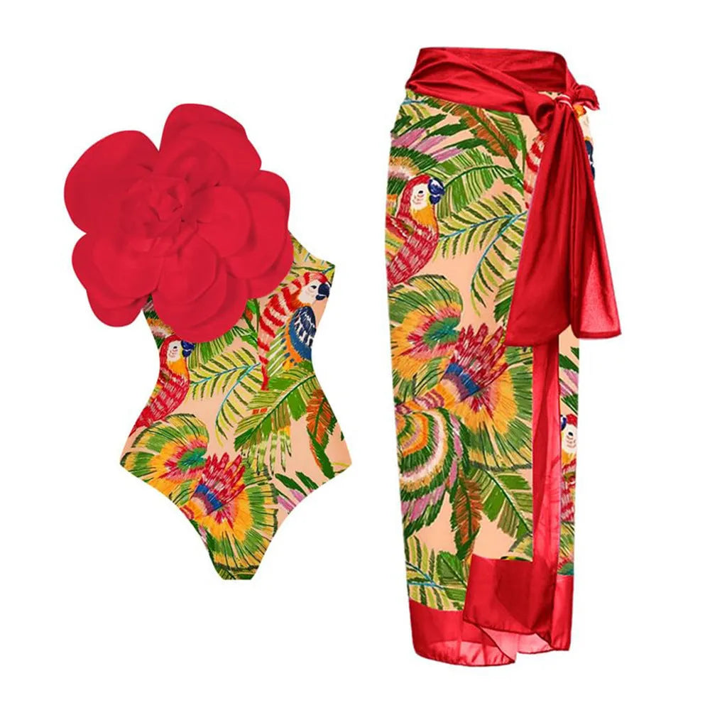Women's one-piece swimsuit with three-dimensional floral embroidery in polyester fabric