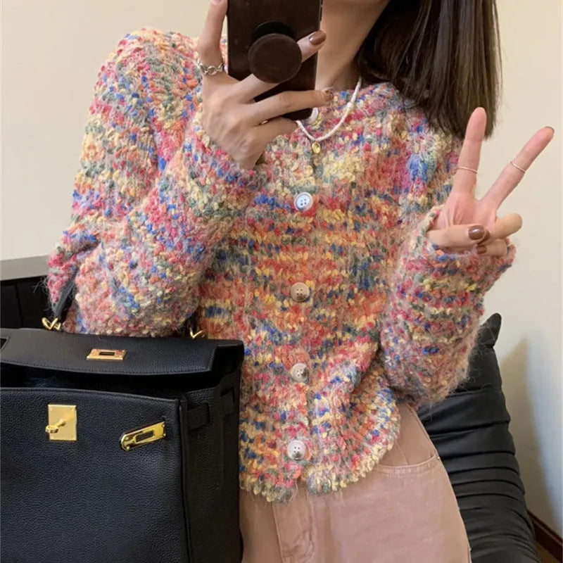 Retro style knitted rainbow cardigan sweater in pink or green colour with slim fit design