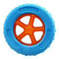 Set of four floating TPR dog toys: a squeaky ball, barbell, and two tires for water fetch.