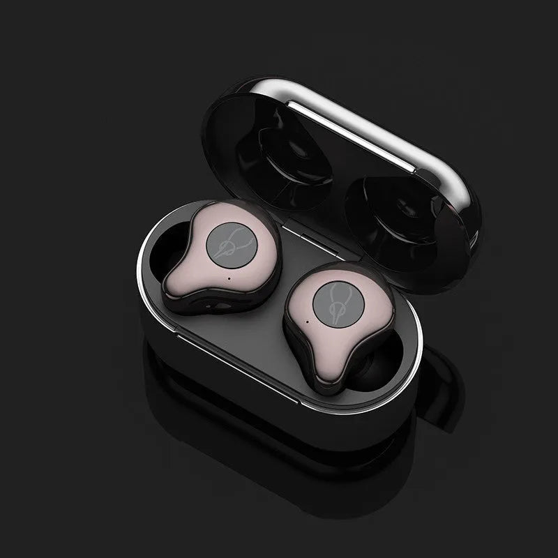 TWS wireless Bluetooth earbuds in a charging case, showing colour options like silver, grey, and red.
