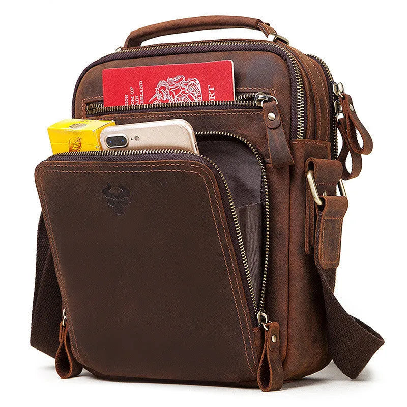 Men's vintage style leather crossbody bag in brown with visible stitching details
