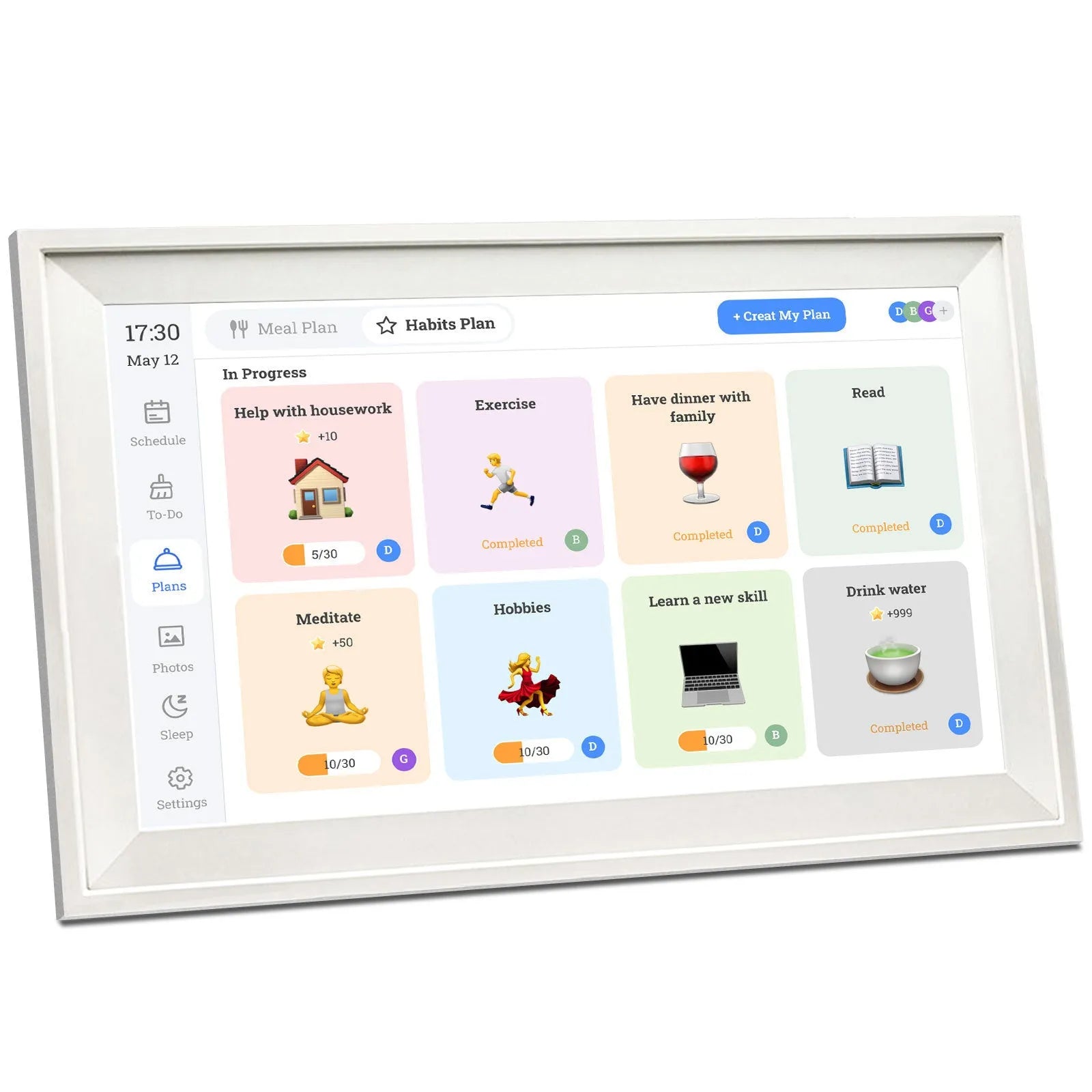 White smart digital photo frame with 15.6 inch screen on a table, showing a family photo.