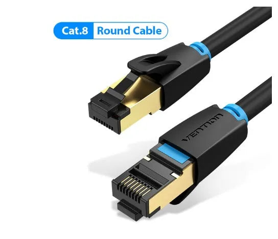 A flat and a round Cat8 Ethernet cable with gold RJ45 connectors, shown in various lengths for home networking.