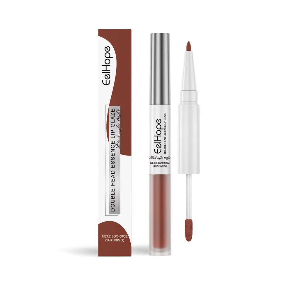 Double-headed lip liner and lip lacquer pen in three matte shades: black coffee truffle, fragrance attack, and oat almond.