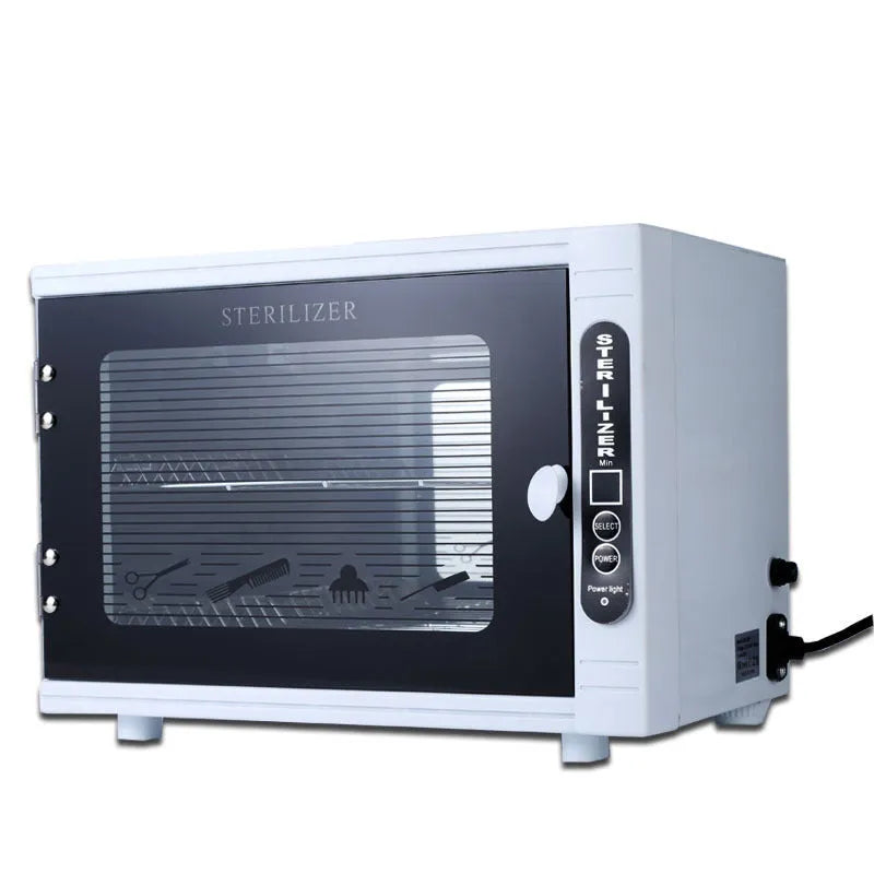 Silver mini UV steriliser unit with stainless steel interior for tool sanitisation