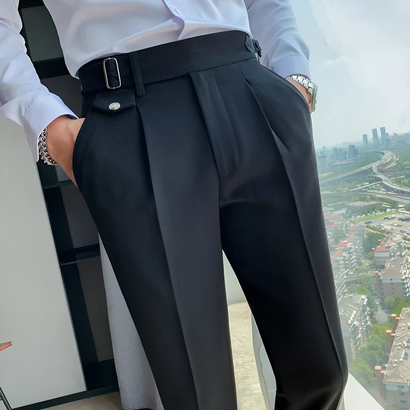 Straight leg casual trousers in solid colours on a hanger.