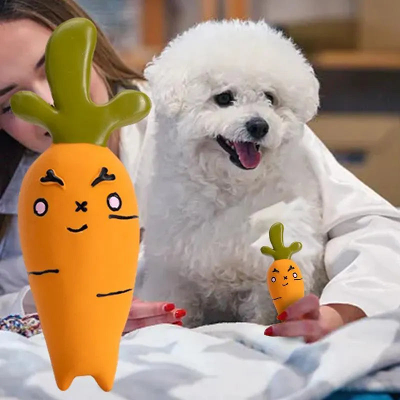 Cartoon onion and eggplant latex dog chew toy for puppies on a white background.
