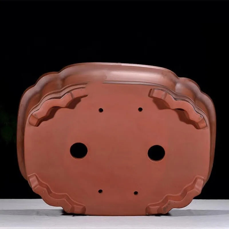 Antique jade Chinese style purple clay flowerpot with golden marble patterning, oval shape, 71cm long.