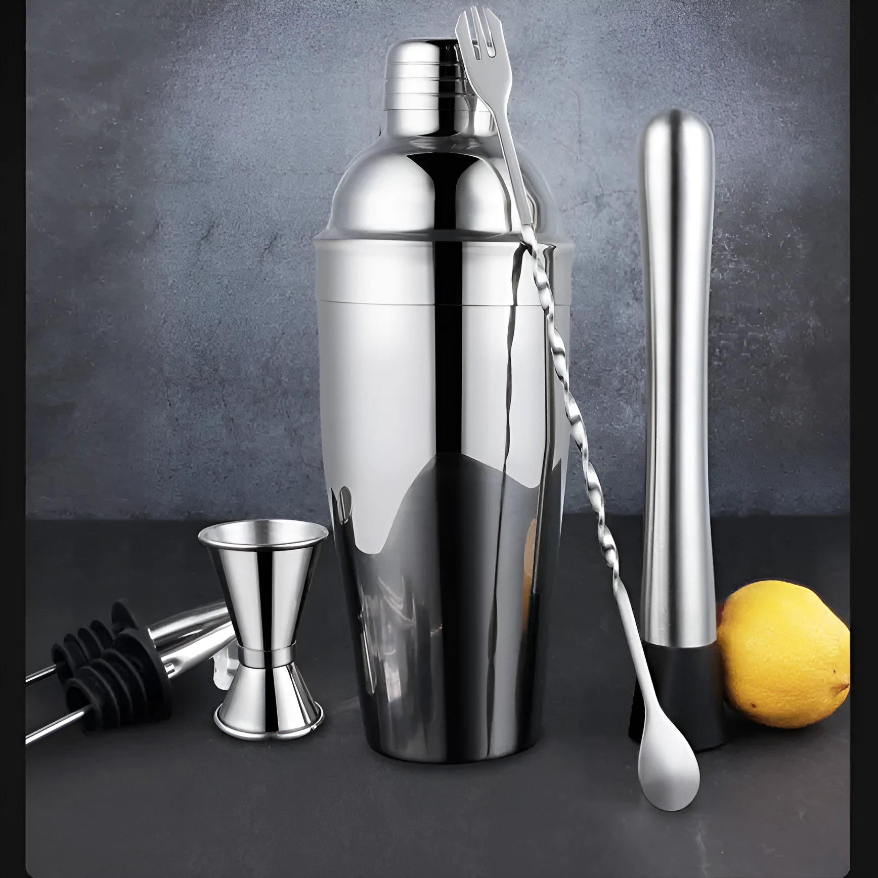 European style 23-piece stainless steel cocktail set with bartending tools on home bar