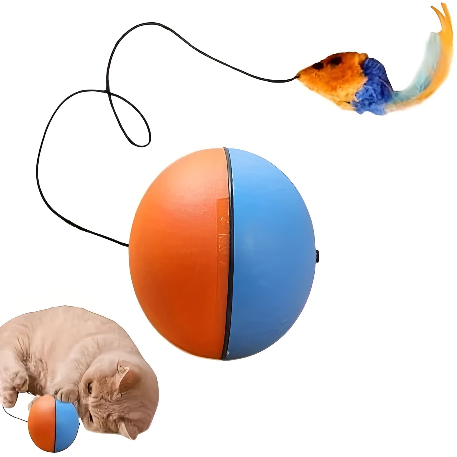 Interactive cat toy with blue and orange removable plush mouse attached to ball for feline exercise