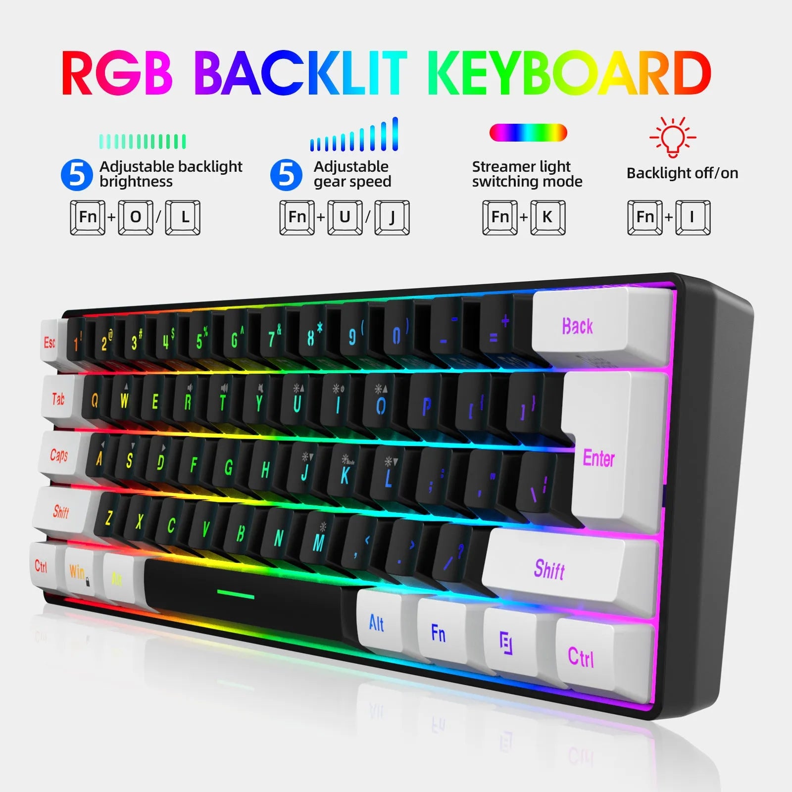 White and black gaming keyboard and mouse combo with colour backlight on desk