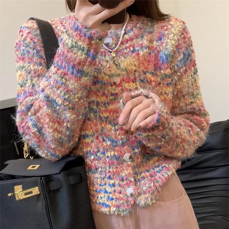 Retro style knitted rainbow cardigan sweater in pink or green colour with slim fit design