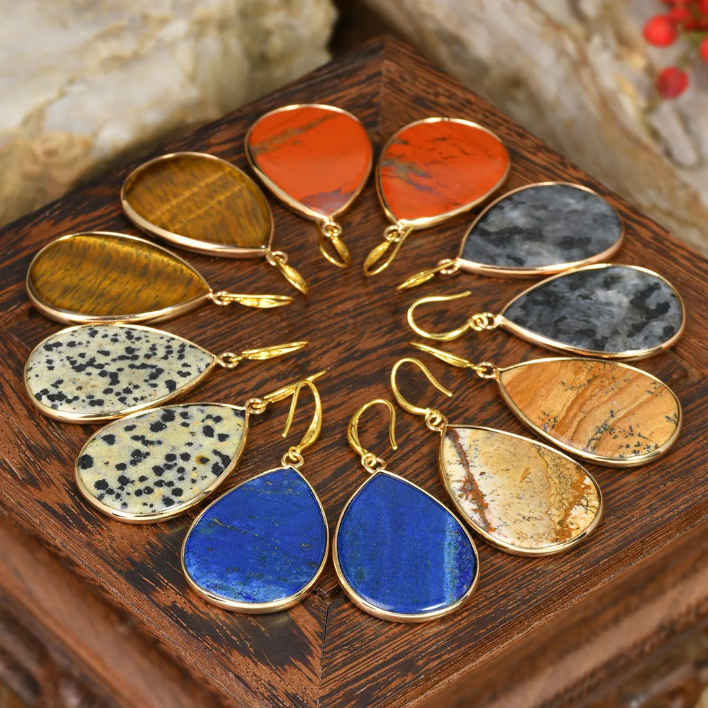 Women's water drop pendant earrings with natural stone in retro high-profile design