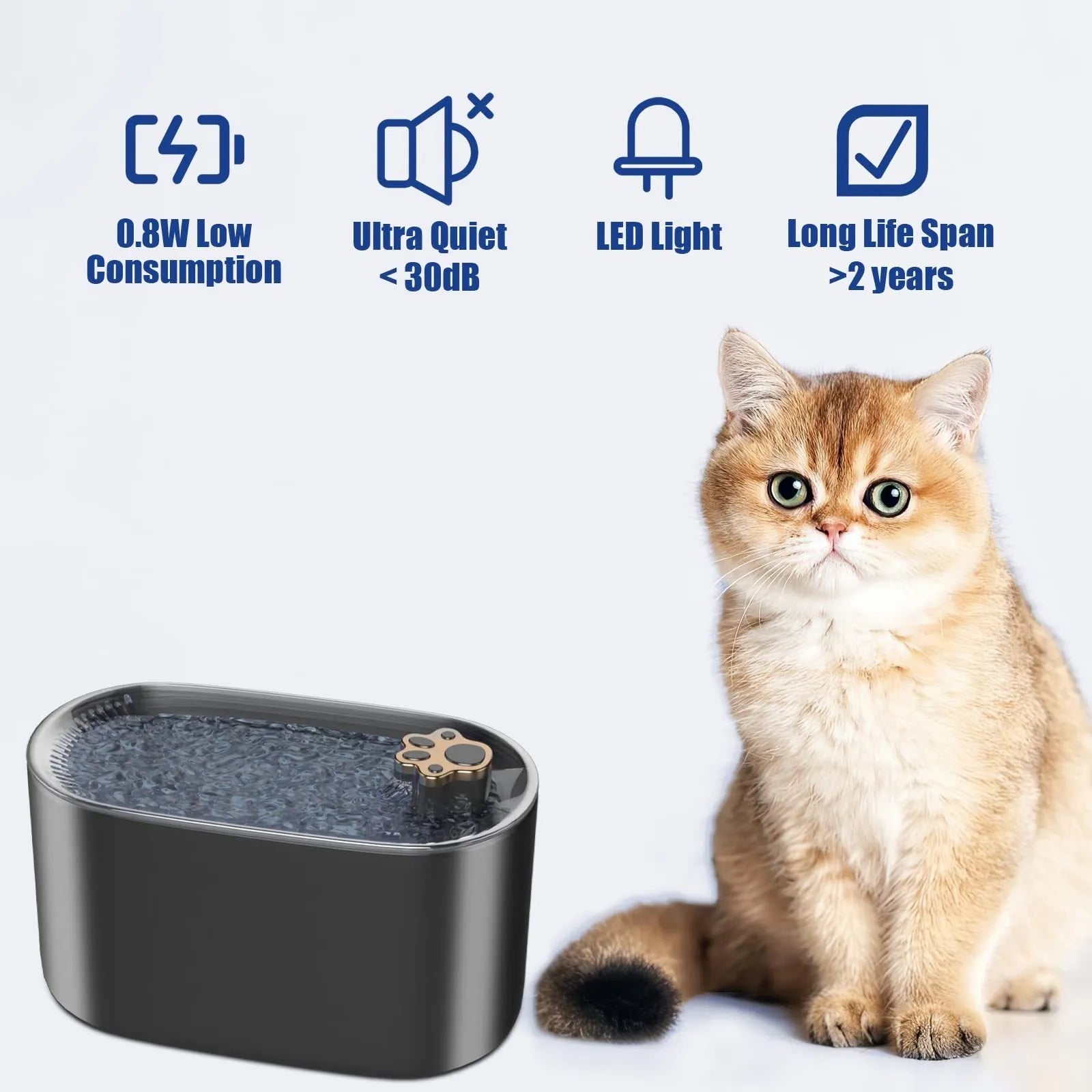 Berlin blue automatic pet water fountain with 3L capacity, filter cartridge, and LED indicator light