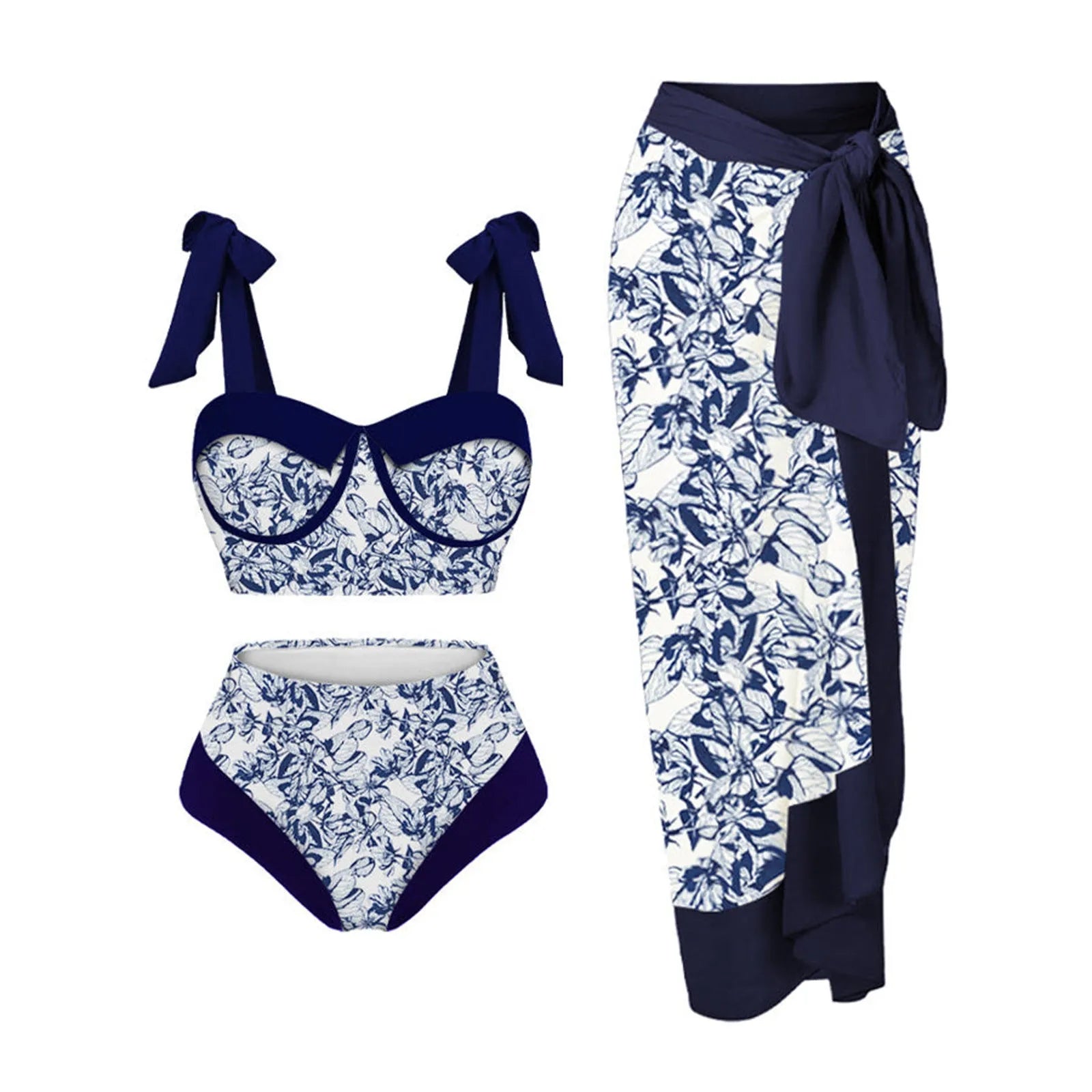 Women's printing split swimsuit three-piece set in a blue flower pattern, showing skirt, bra, and panties.