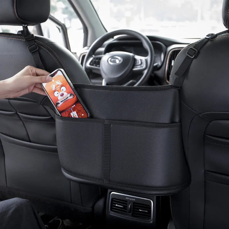 Black leather car seat storage bag with sports carbon fibre pattern measuring 38×24×15cm