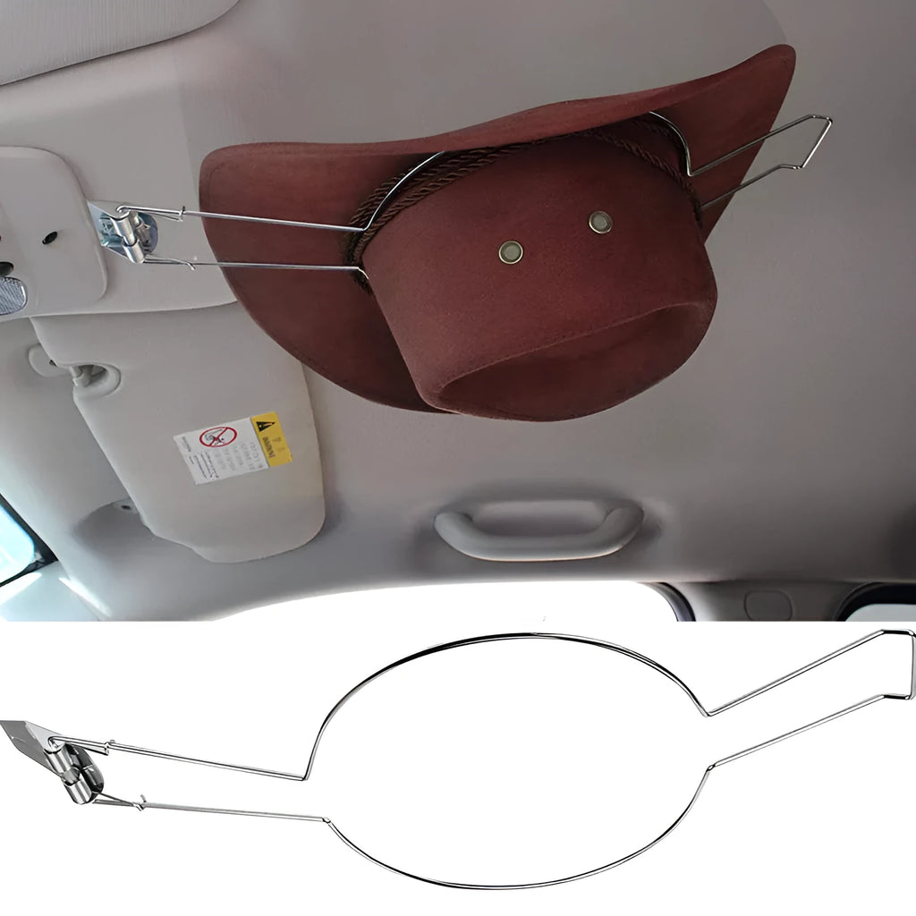 Brown chrome-plated metal car hat stand for interior coat and hat organisation.