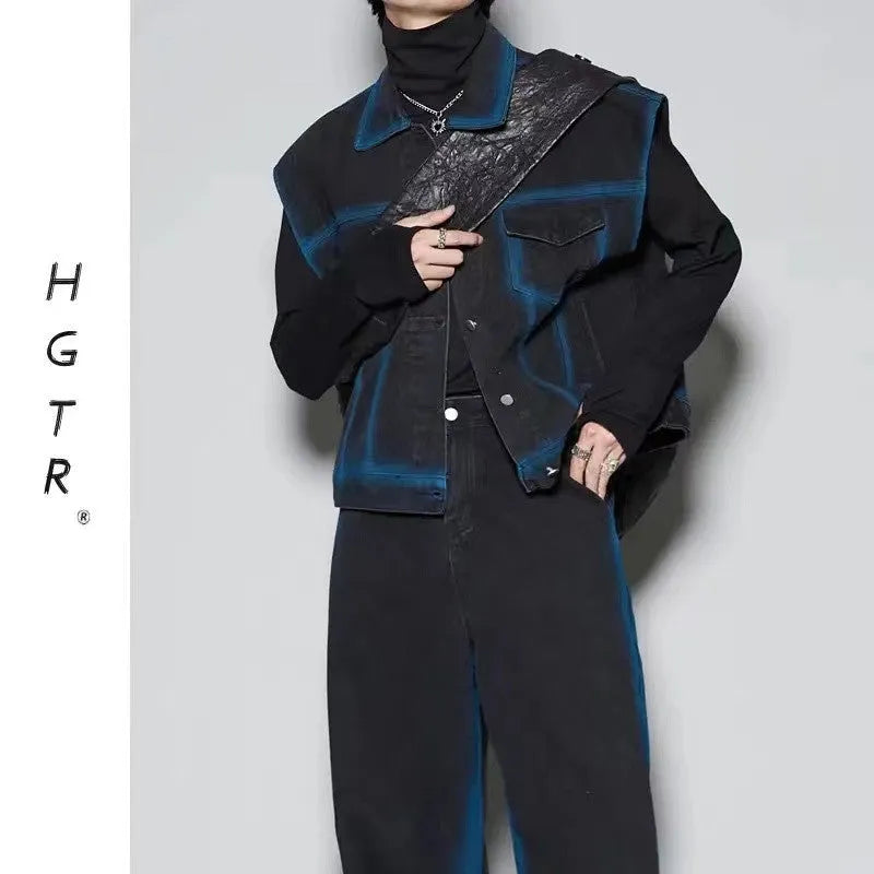 Blue distressed denim fleece-lined vest and jeans two-piece set with a spray colour gradient effect.