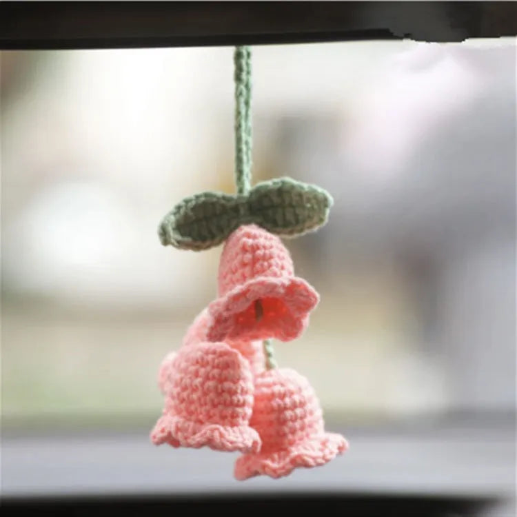 Green and white knitted car plant decoration with hanging rope on 8cm plastic base