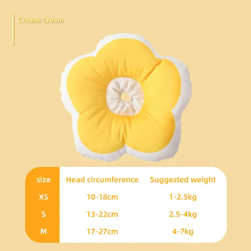Soft cotton cat recovery collar with a solar flower design in various colours, shown adjusted around a cat's neck.