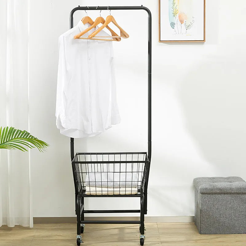 White iron pulley storage car with a single rod for hanging clothes hangers on a track.