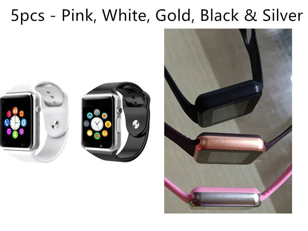 A1 Android smart watch with 1.54-inch screen, shown in available colours: black, silver, white, gold, pink, red, green, blue.