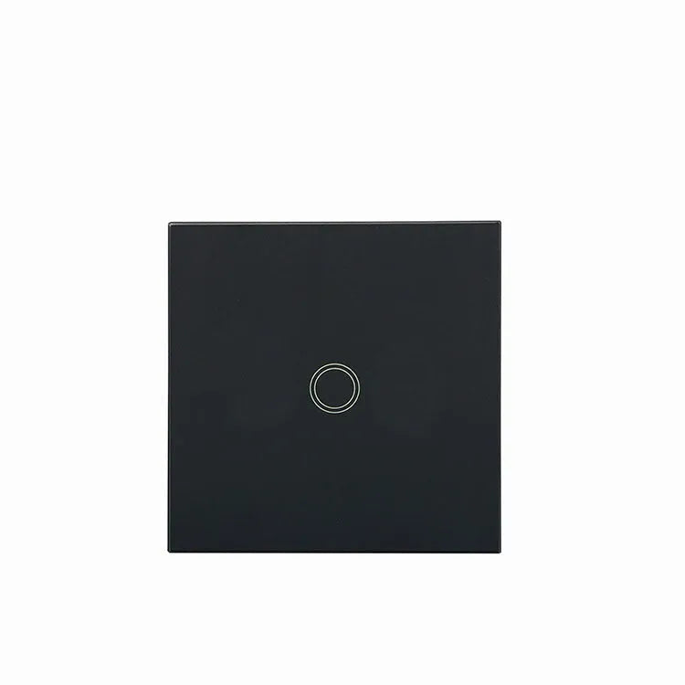 Single-gang tempered glass touch light switch in black, shown front-on.
