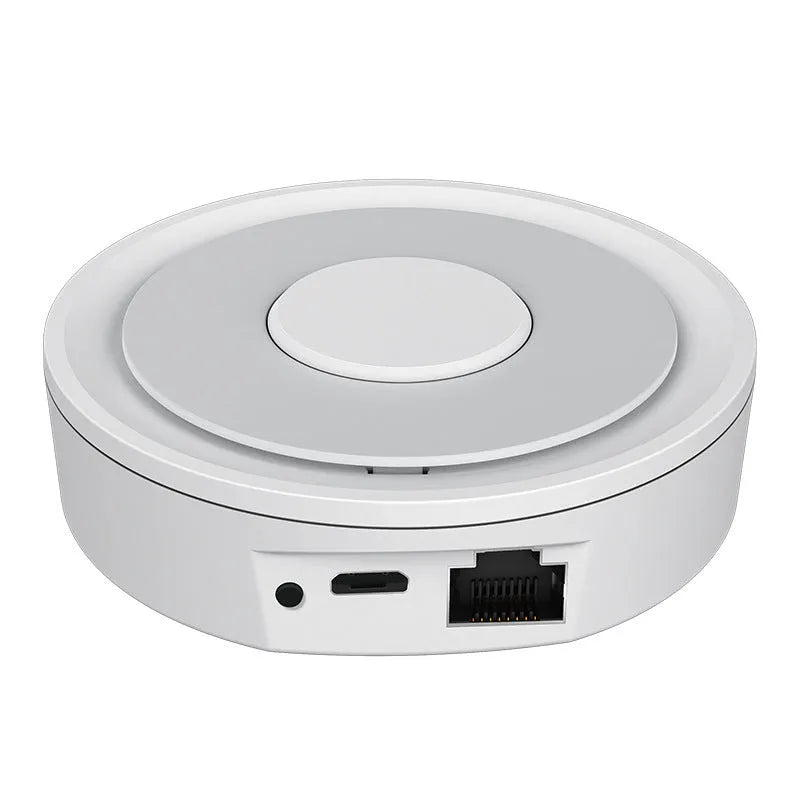 White ZigBee smart home gateway with dimensions 78mm x 78mm x 25mm