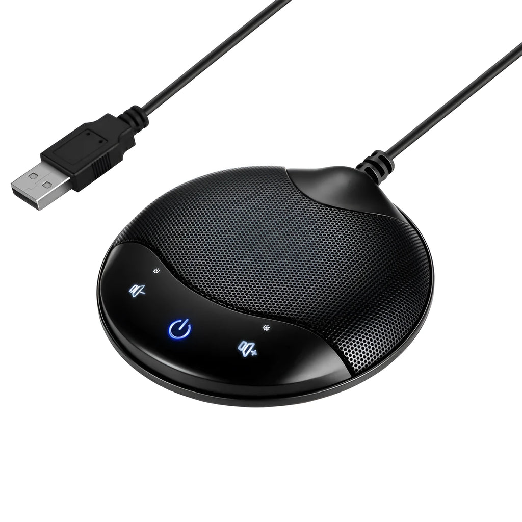 Black USB condenser microphone for conferences and gaming with 9x9x1.7cm dimensions