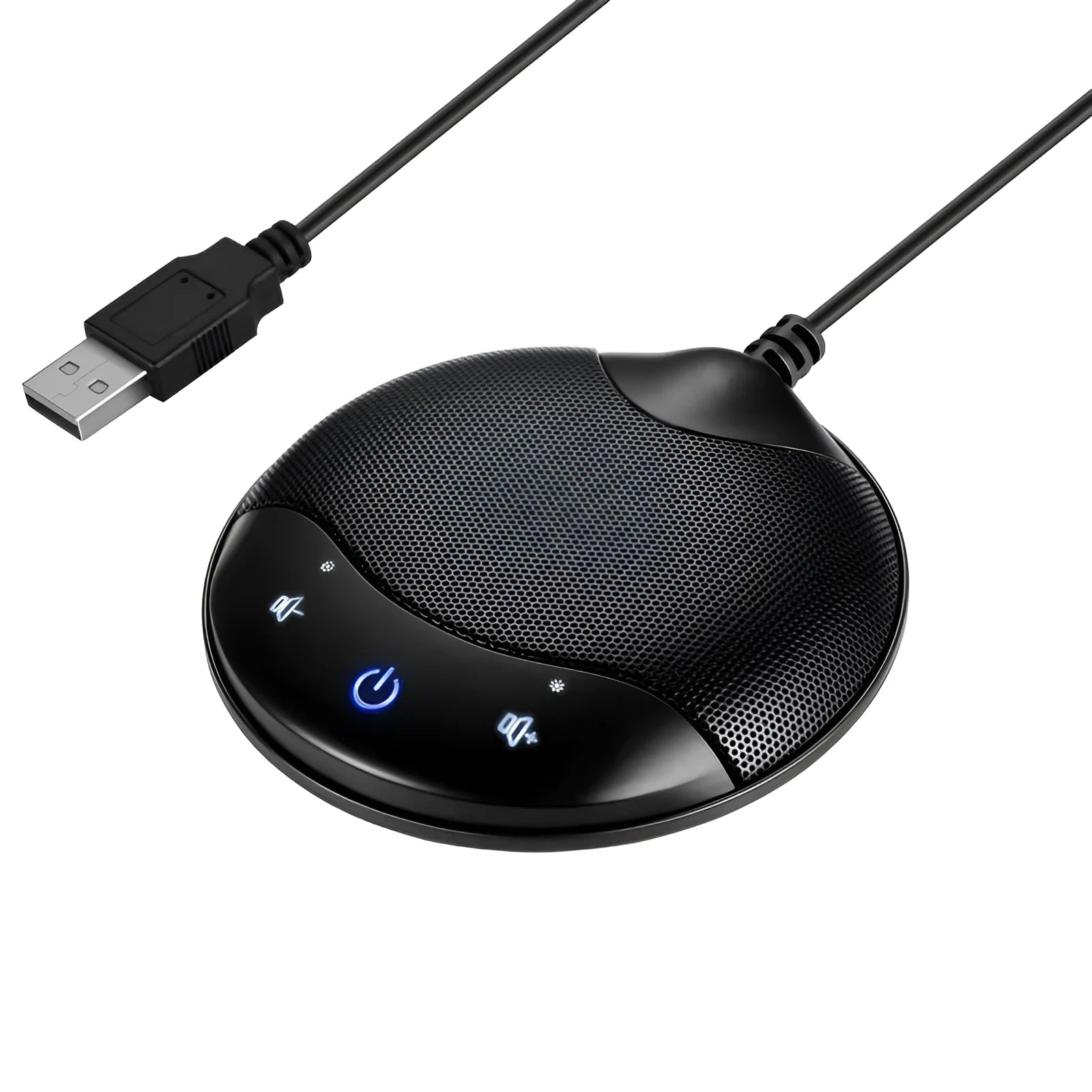 Black USB condenser microphone for conferences and gaming with 9x9x1.7cm dimensions