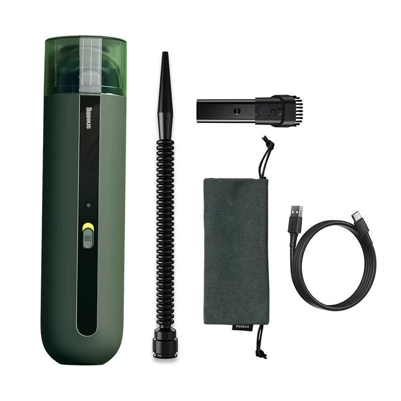 Baseus handheld car vacuum cleaner in black, white, or green, shown with blowing hose attachment.