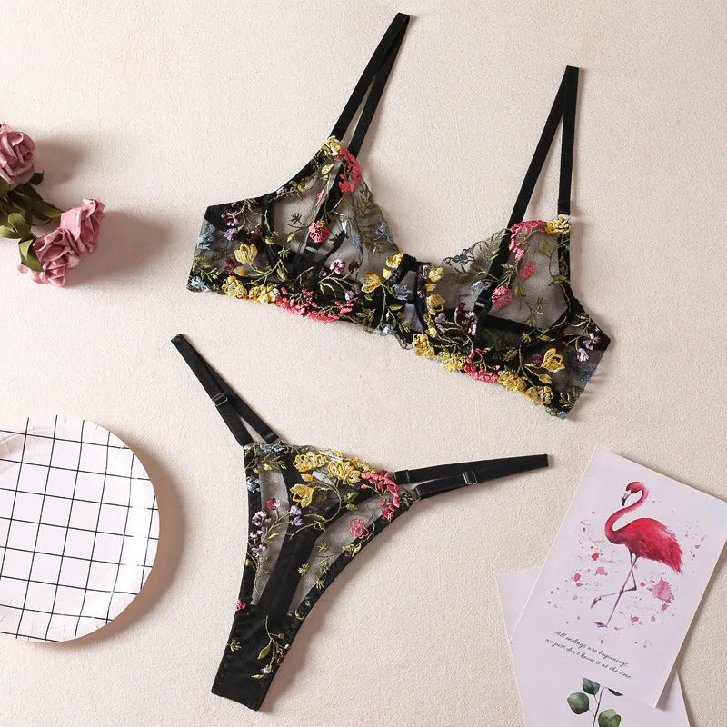 Floral pattern mesh bra with steel ring T-back in multiple colours