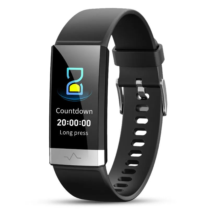 V19 smart health tracker bracelet with colour screen on a wrist, showing ECG graph.