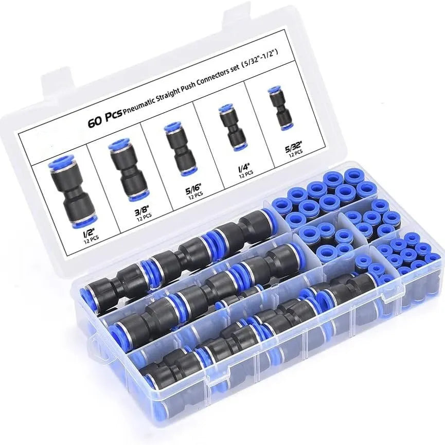 60-piece alloy plastic pneumatic push-in connector set with R1/4 and R1/2 thread fittings