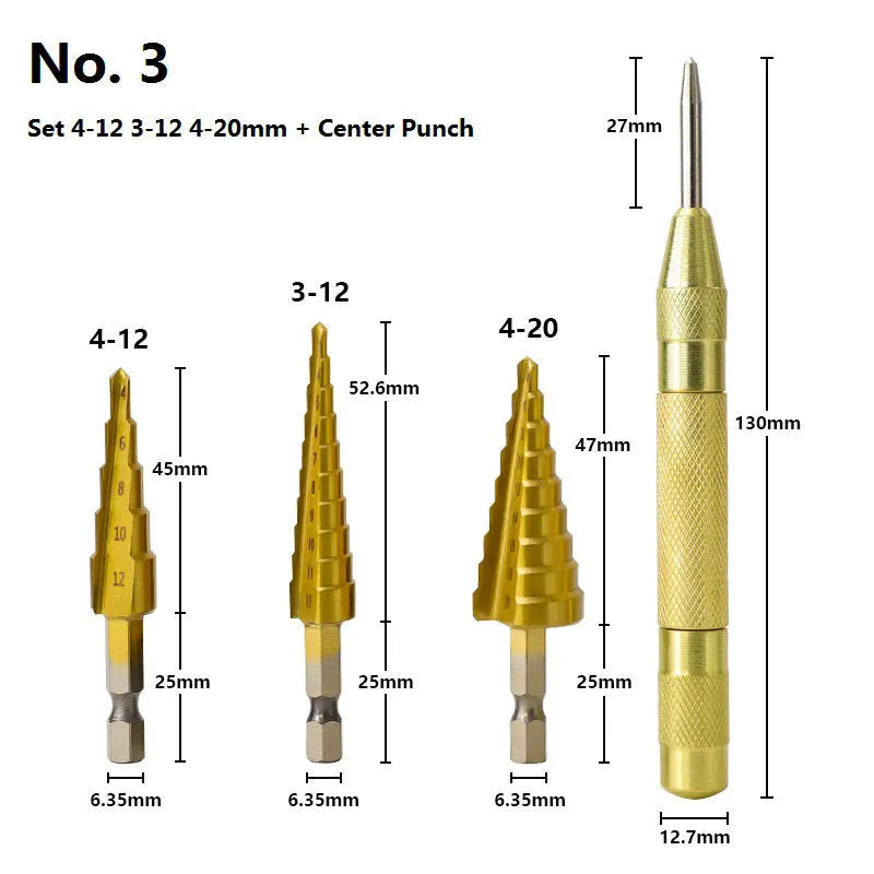 High-speed steel cone drill bit punch set with step bits and centre punch for metal drilling