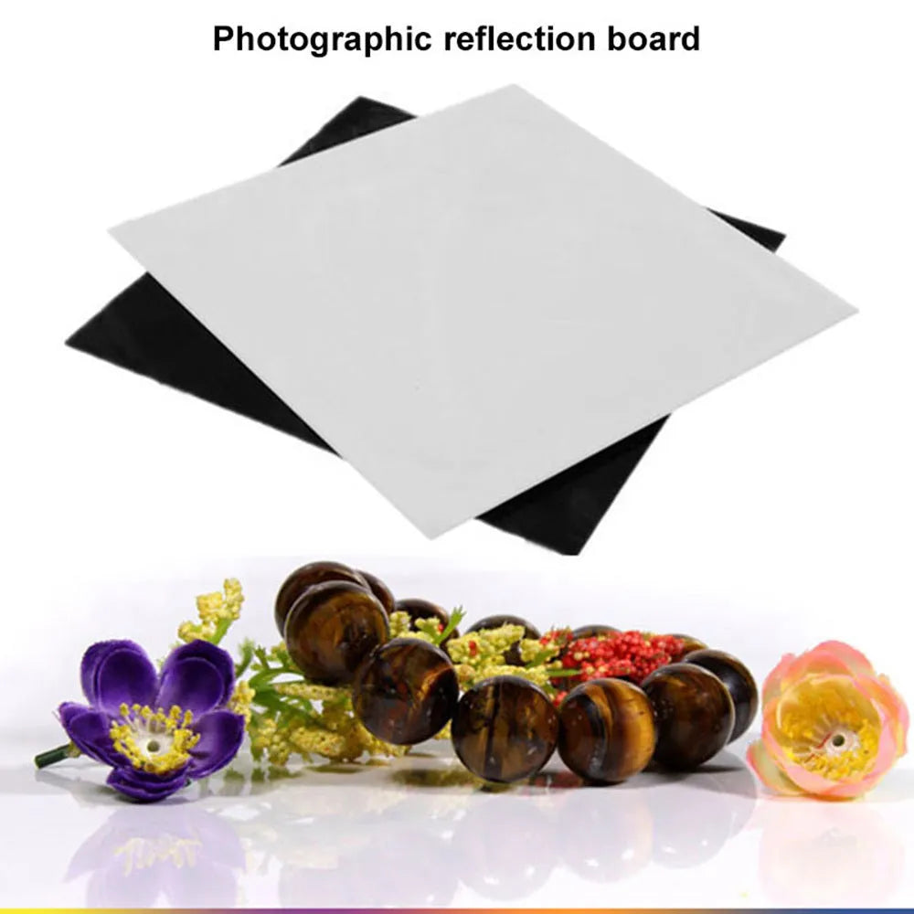 Black and white square acrylic reflection boards for product photography in three sizes.