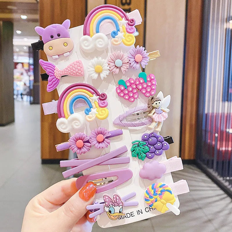 Colourful toddler hair accessories set with 14 pieces including rainbow barrettes, candy fruit pins, and butterfly clips