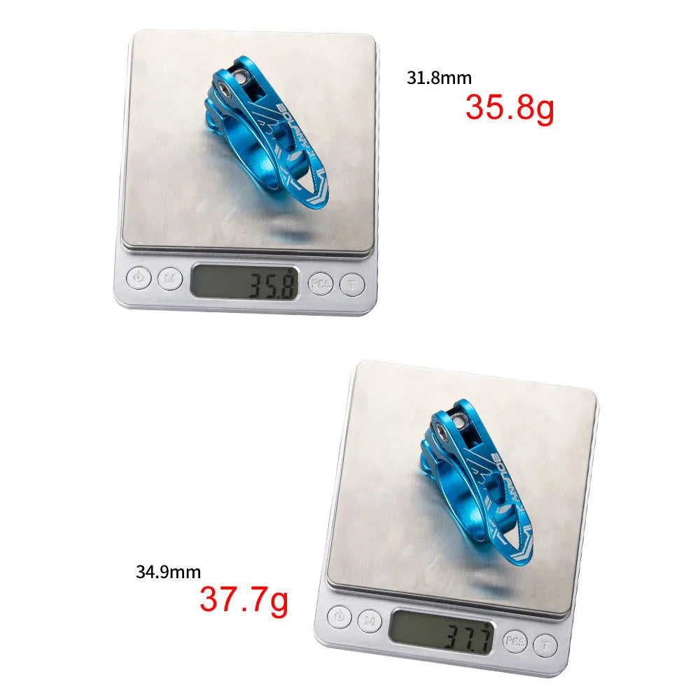 Aluminium bicycle seat tube clamp in black, red, gold, or blue, showing 31.8mm and 34.9mm size options.