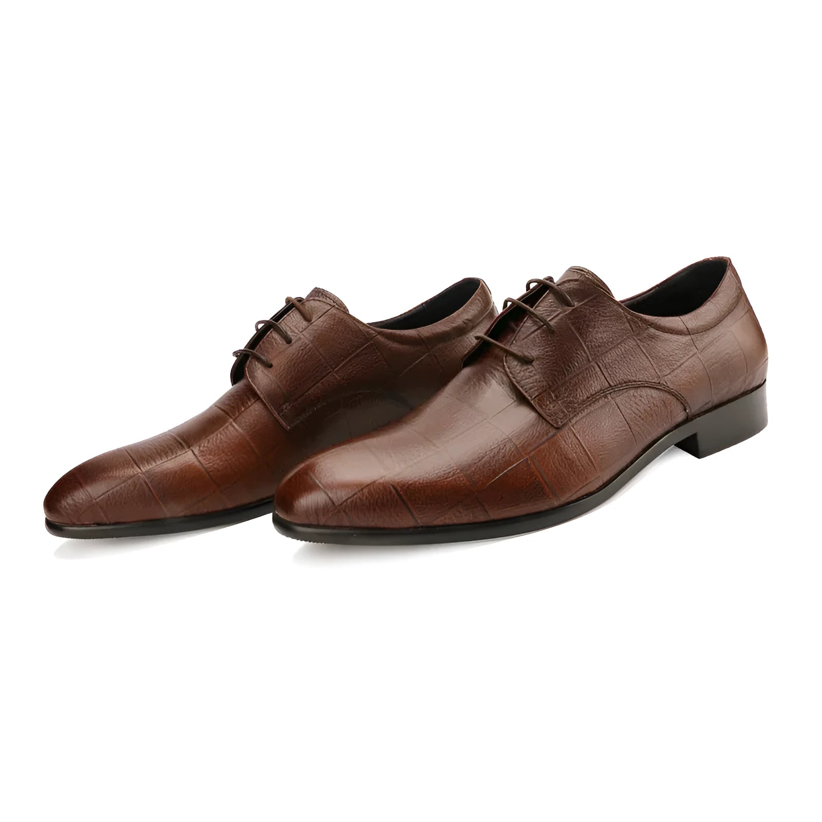 Men's black leather derby shoes with checkered pattern and pointed toe on antiskid rubber sole